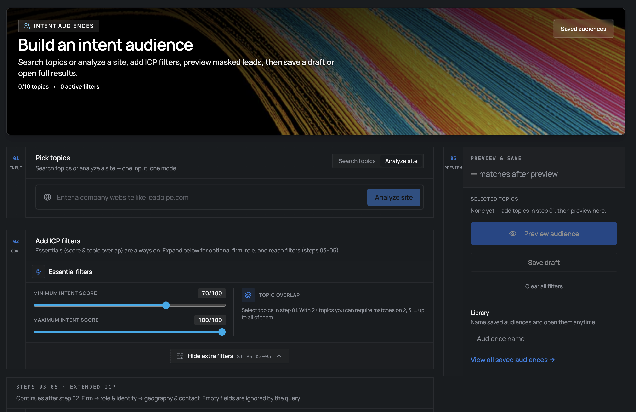 Orbit audience builder - pick topics, set ICP filters, preview results