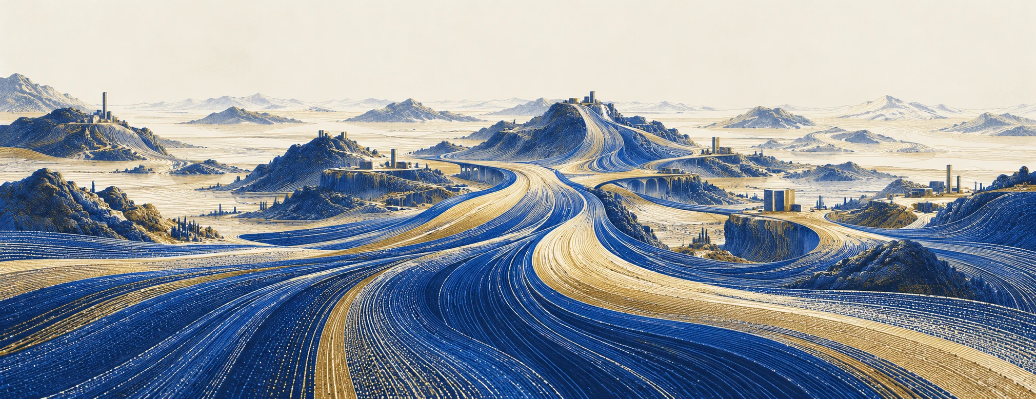 Cobalt and gold paths converge into a vast connected landscape, then branch into new directions.