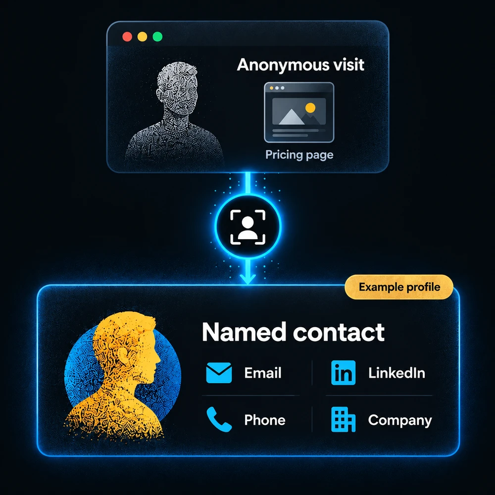 An anonymous pricing-page visit becomes an example contact profile with email, LinkedIn, phone and company.
