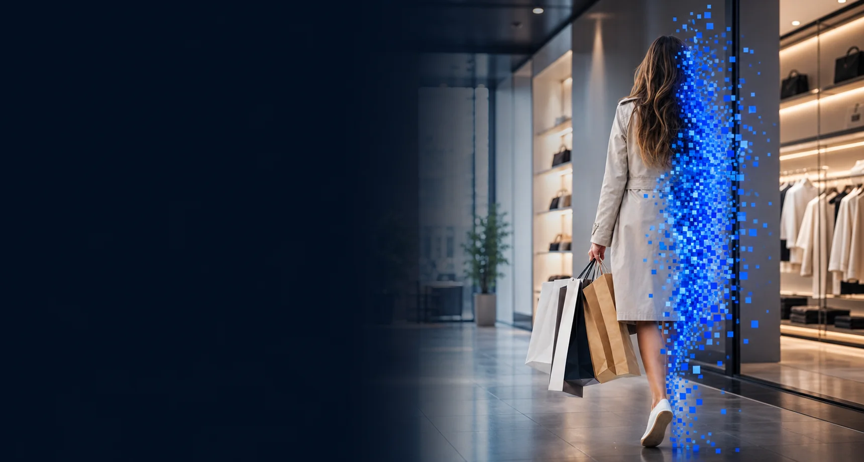 An ecommerce shopper leaving a modern retail showroom while resolving into blue digital pixels