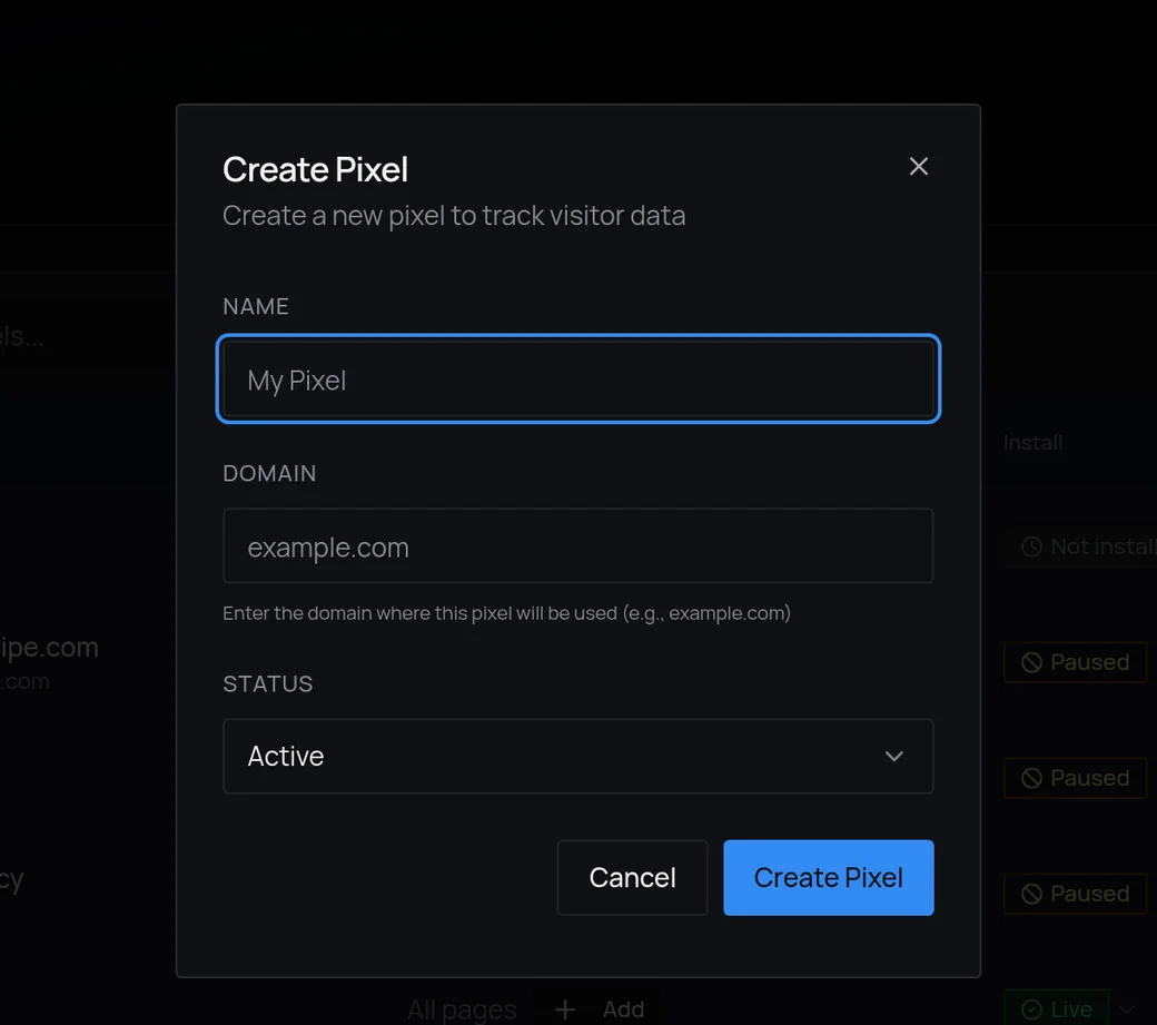 Leadpipe pixel setup screen