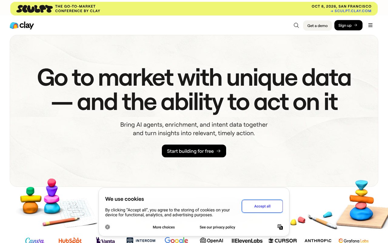 Clay homepage, data enrichment and workflow orchestration platform for GTM teams