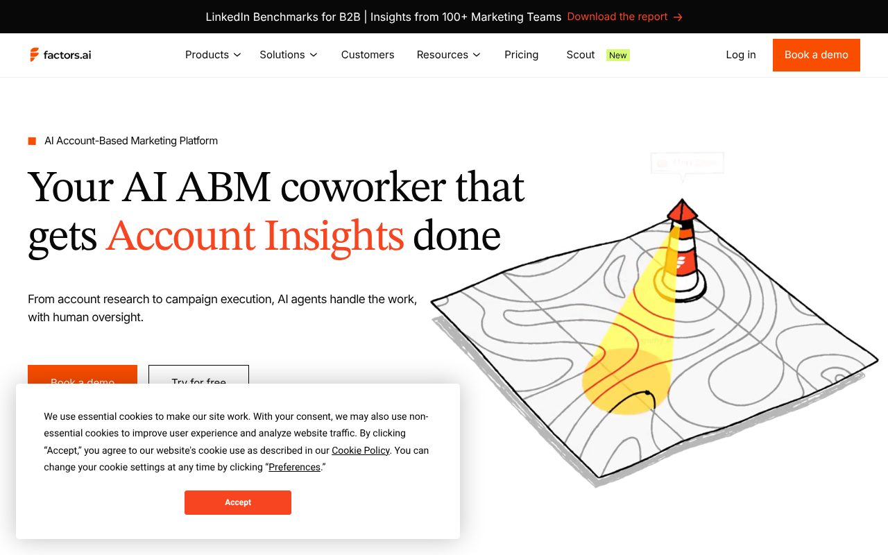 Factors.ai homepage - B2B marketing analytics and visitor identification platform with attribution modeling