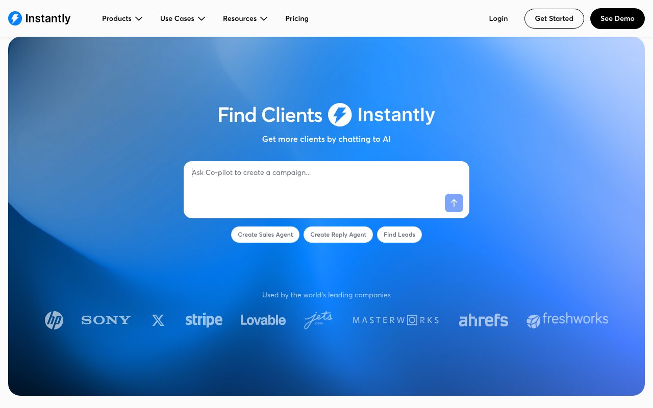 Instantly.ai homepage - cold email platform with unlimited inboxes, warmup, and deliverability tools