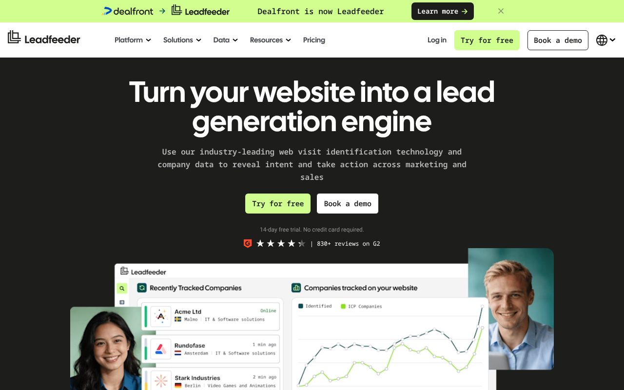 Leadfeeder homepage - company-level website visitor identification with strong European and GDPR coverage