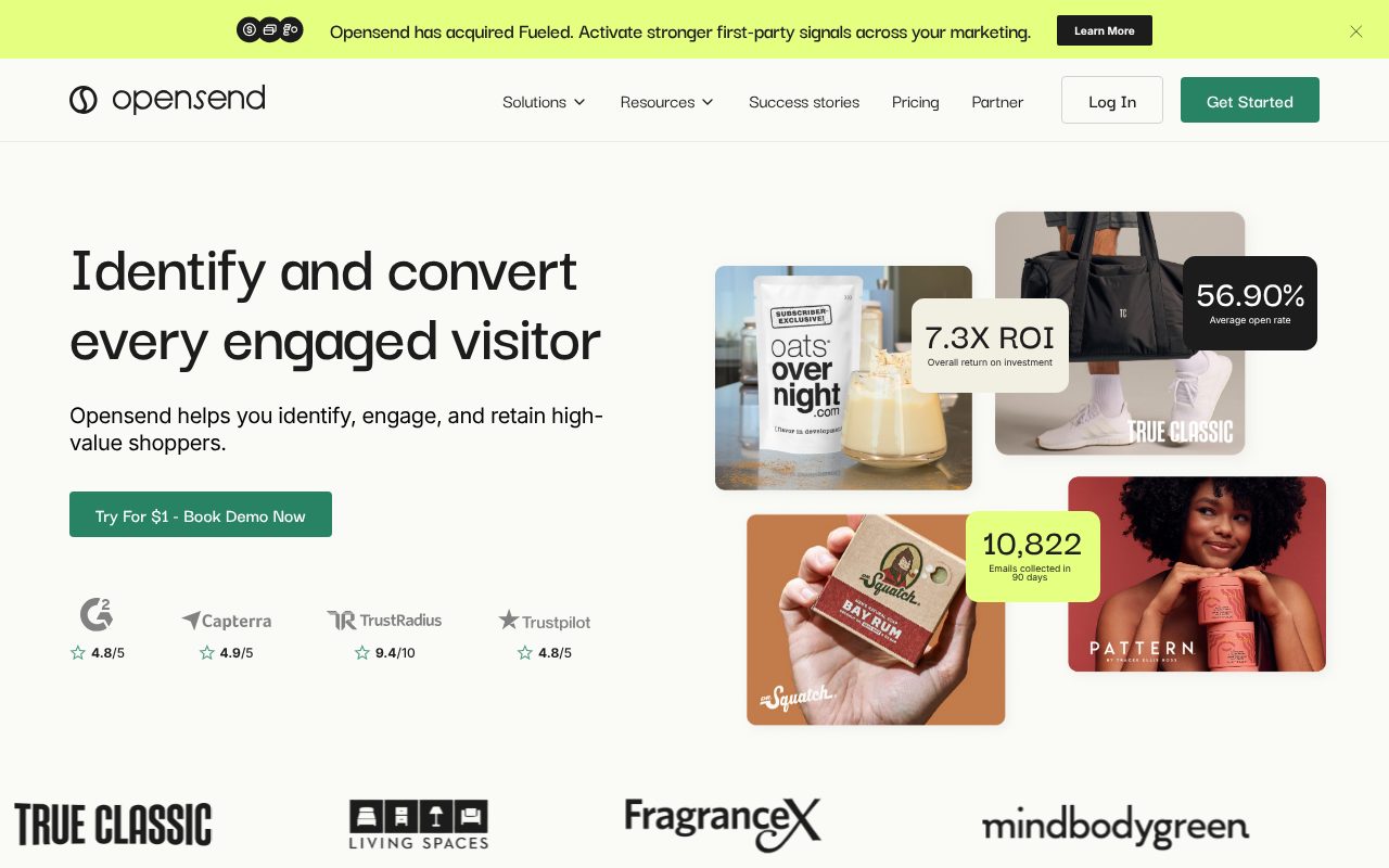 Opensend homepage - B2C visitor-to-email identification and retargeting