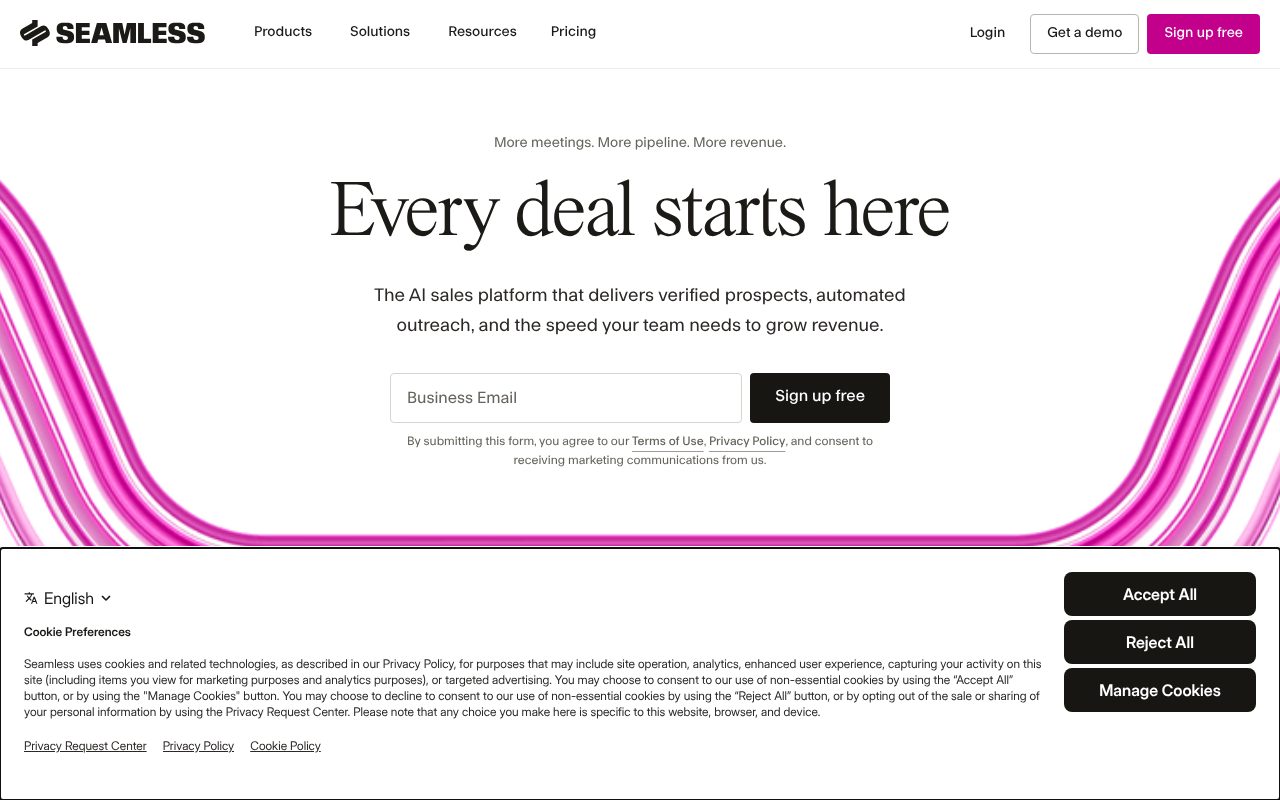 Seamless.AI homepage, B2B contact database with AI-powered real-time search positioning