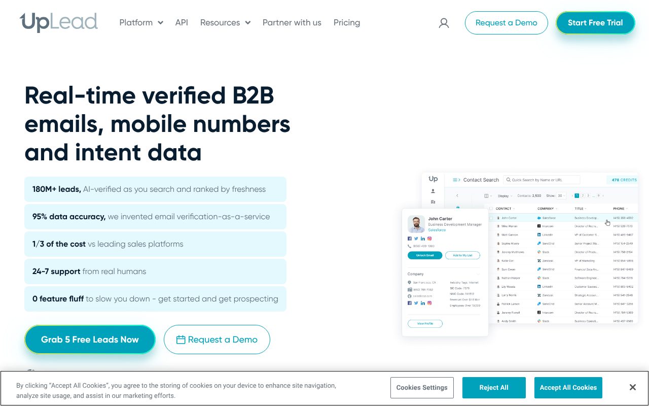 UpLead homepage - B2B contact database with 95% data accuracy guarantee