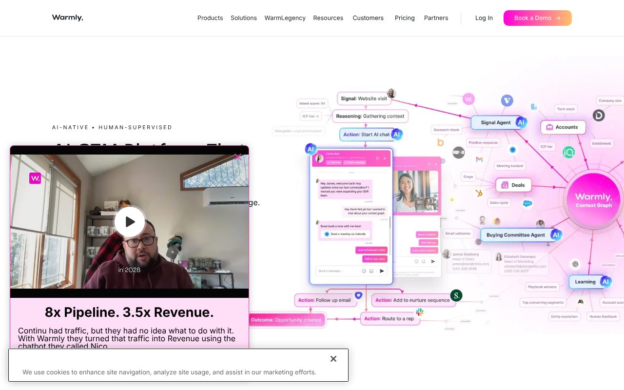 Warmly homepage - visitor identification platform combined with live chat, AI chatbot, and video calling